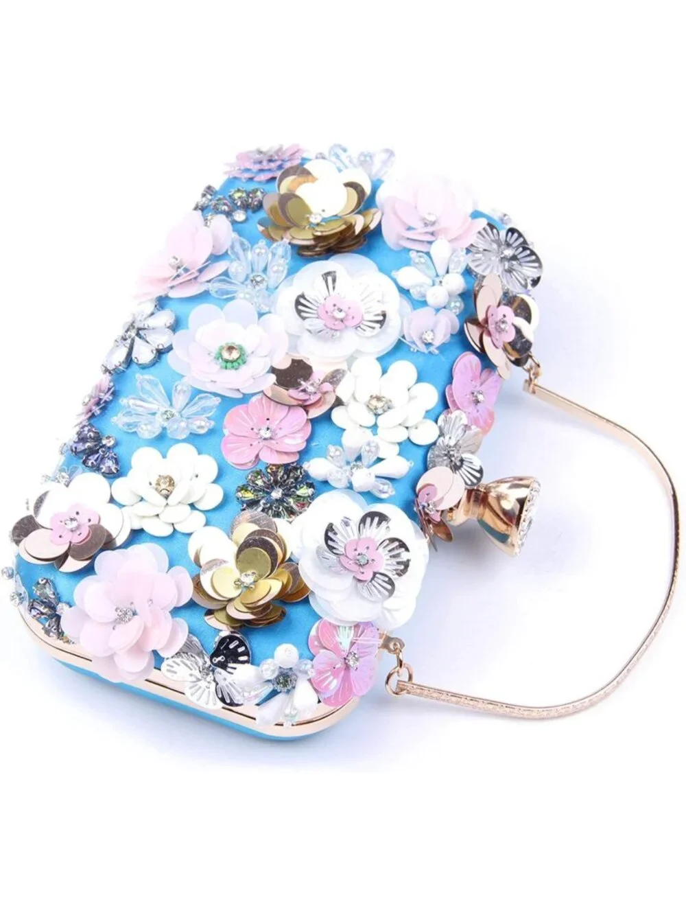 Women's Blue Clutches Flower Evening Handbag Chain Strap Elegant Shoulder Bag